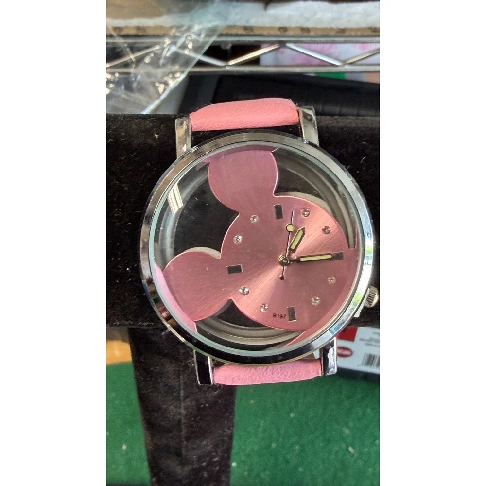 Disney Mickey Mouse Pink Silhouette Transparent Dial Watch B197 Silver Tone Case